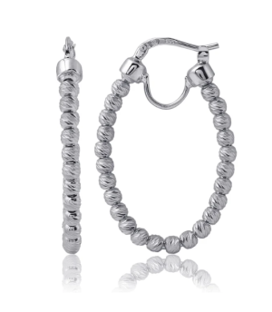 Sterling Silver Diamond-Cut Bead Oval Hoop Earrings