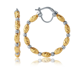 Sterling Silver Yellow Gold Plated Diamond-Cut Bead Hoop Earrings