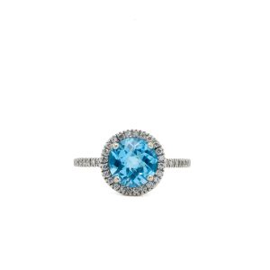 Estate Piece: 14k White Gold Blue Topaz and Diamond Halo Ring