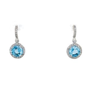 Estate Piece: 14k White Gold Blue Topaz and Diamond Halo Dangle Earrings
