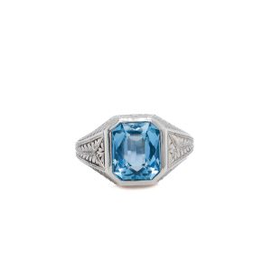 Estate Piece: 10k White Gold Blue Topaz Bezel Ring