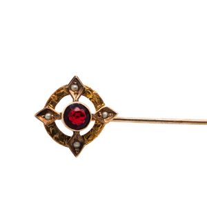 Estate Piece: 10k Yellow Gold Garnet and Seed Pearl Stick Pin