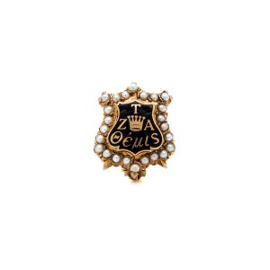 Estate Piece: 14k Yellow Gold Pearl and Black Enamel ZTA Sorority Badge Pin