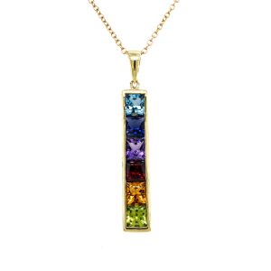 Estate Piece: 18k Yellow Gold Multi-Color Gemstone Bar Pendant
