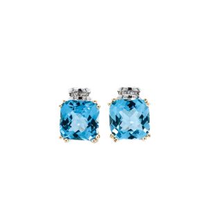 Estate Piece: 14k Two Tone Gold Blue Topaz and Diamond Stud Earrings