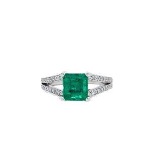 Estate Piece: 14k White Gold Emerald and Diamond Split Shank Ring