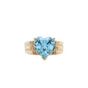 Estate Piece: 14k Yellow Gold Blue Topaz Heart and Diamond Ring