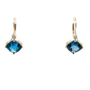 Estate Piece: 14k Yellow Gold London Blue Topaz and Diamond Earrings