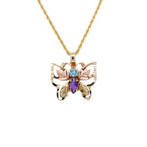 Estate Piece: 14k Two Tone Gold Amethyst and Blue Topaz Butterfly Pendant