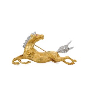 Estate Piece: 18k Two Tone Gold Diamond and Ruby Horse Brooch