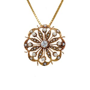 Estate Piece: 14k Yellow Gold Diamond and Pearl Floral Brooch/Pendant