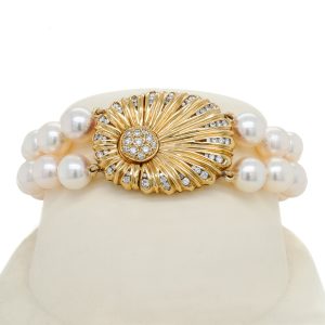 Estate Piece: 18k Yellow Gold Akoya Pearl and Diamond Double Strand Bracelet