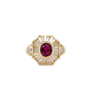Estate Piece: 18k Yellow Gold Ruby and Diamond Baguette Halo Ring