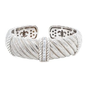 Estate Piece: Sterling Silver Cubic Zirconia Hinged Wide Cuff Bracelet