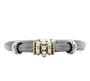 Estate Piece: Sterling Silver/14k Yellow Gold Ridged Hinged Bangle Bracelet