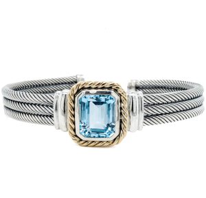 Estate Piece: Sterling Silver/14k Yellow Gold Blue Topaz Cuff Bracelet