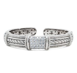 Estate Piece: Sterling Silver Cubic Zirconia Hinged Cuff Bracelet