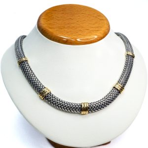 Estate Piece: Sterling Silver/Yellow Gold Plated 17 Inch Mesh Collar Necklace