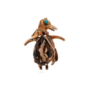 Estate Piece: 10k Rose Gold Smoky Quartz and Turquoise Penguin Brooch