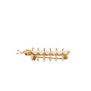Estate Piece: 14k Yellow Gold Pearl and Ruby Caterpillar Brooch
